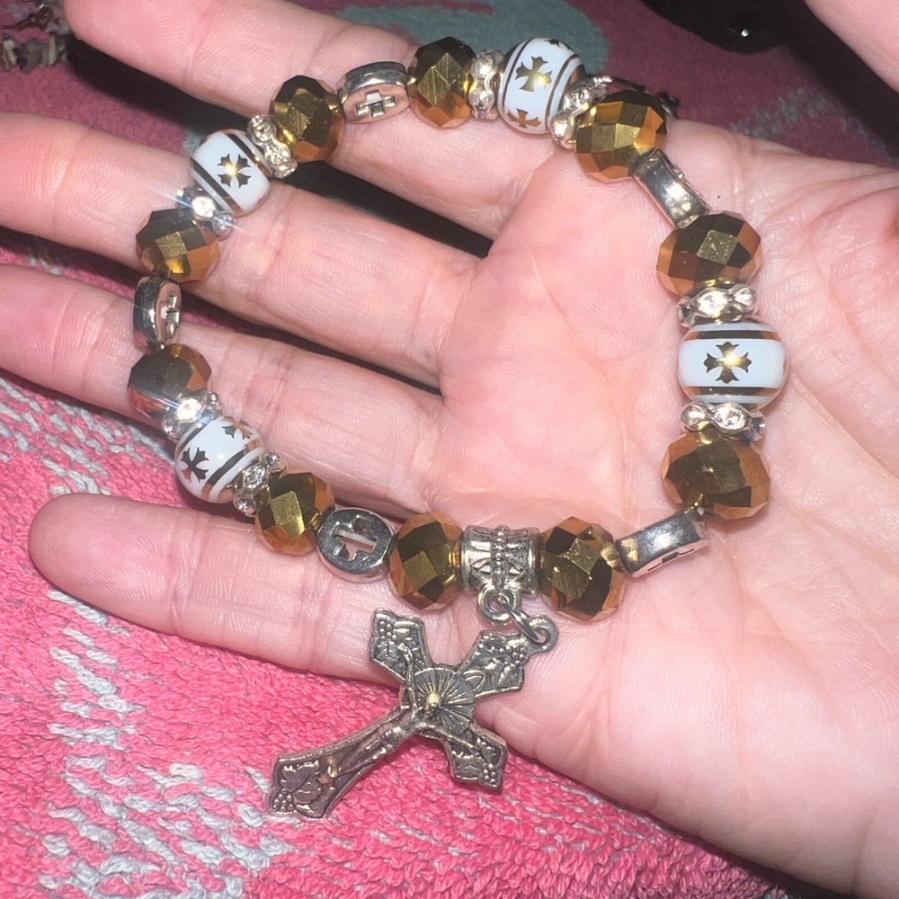 Gold and white religious stretchy bracelet